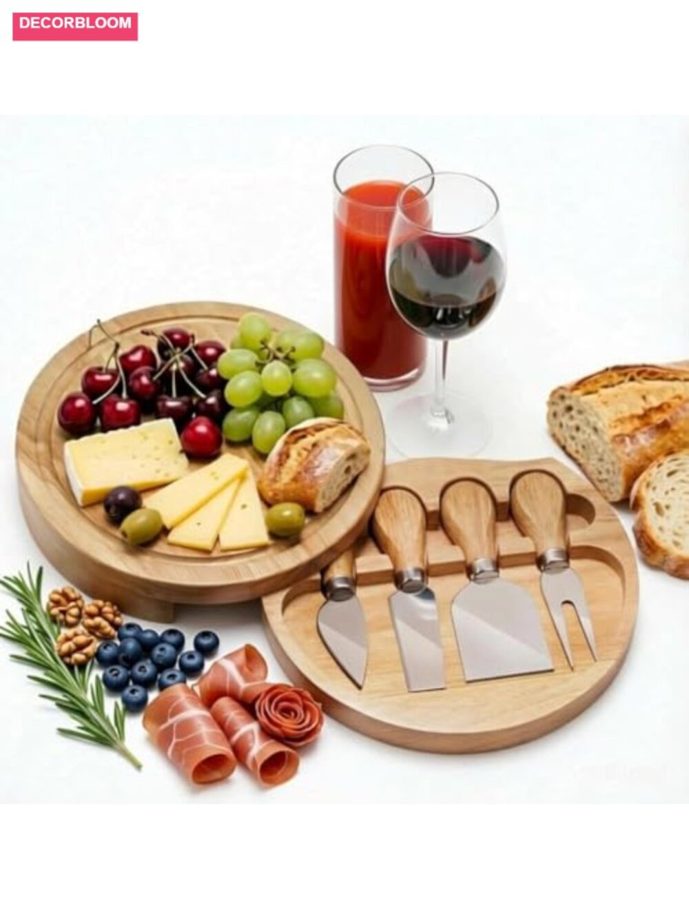 8" Round Wood Cheese Board Set 4 Stainless Steel Knives Hidden Drawer